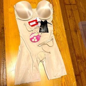 Spanx strapless cupped mid-thigh bodysuit. New never worn. Champagne beige.